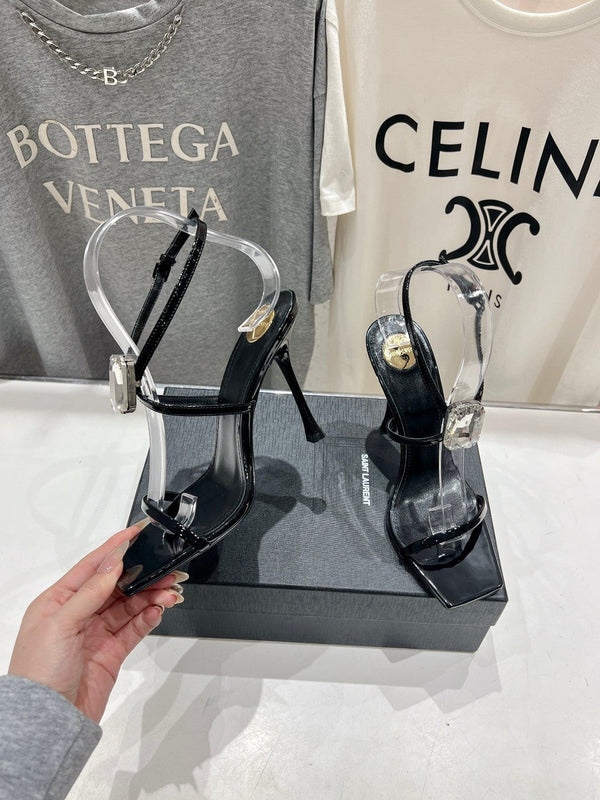 HIGH HEEL SANDALS IN BLACK GLOSSY CALFSKIN WTH STRAPS ATTACHED GEM