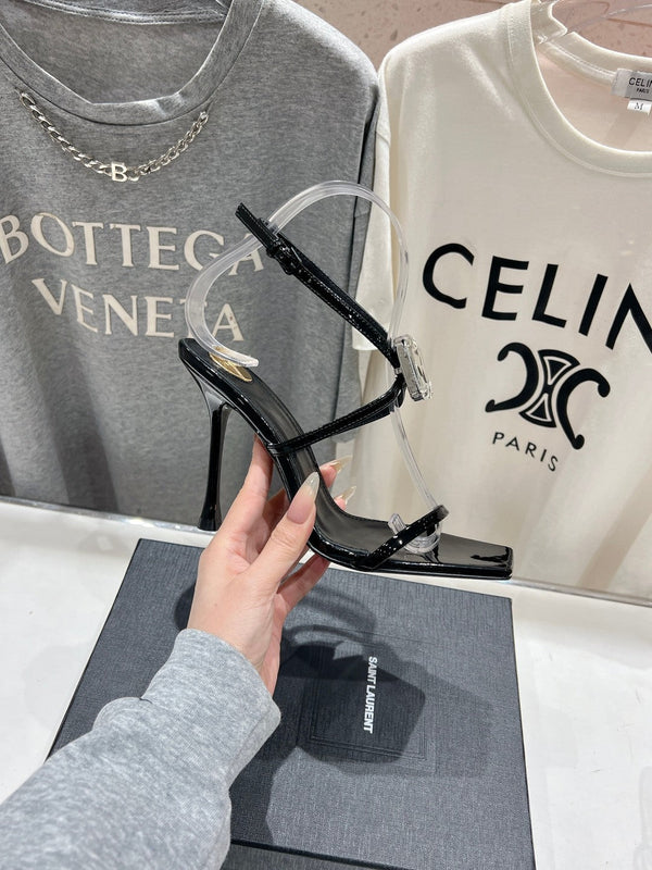 HIGH HEEL SANDALS IN BLACK GLOSSY CALFSKIN WTH STRAPS ATTACHED GEM