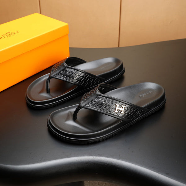 HM Men's Thong Sandals Black Cowhide 547360