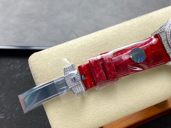 ROLEX Day-Date 36mm Diamond Red Leather Pink Dial