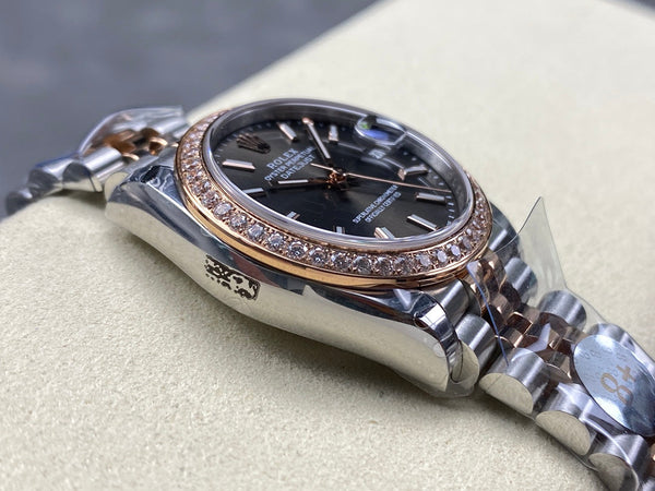 Datejust 31mm Pink Gold Steel Diamond Bezel Dark Grey Dial