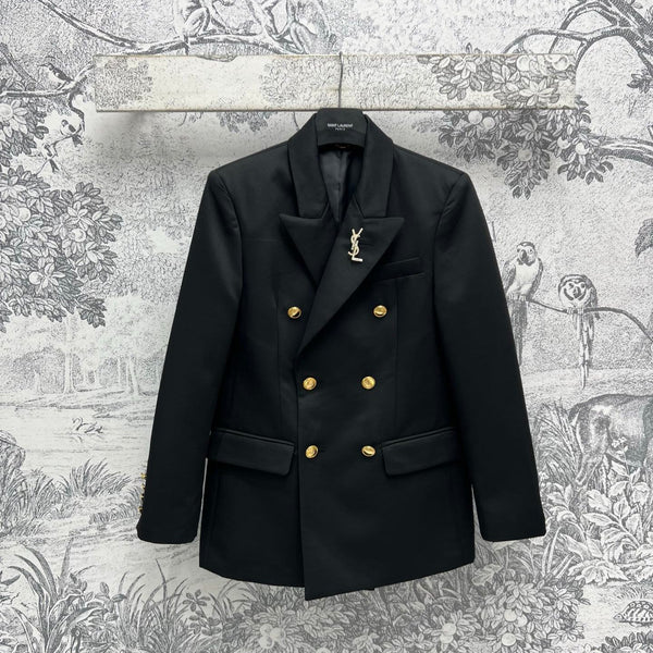 YSL 25 Double-breasted Suit Jacket Black Cotton Polyester