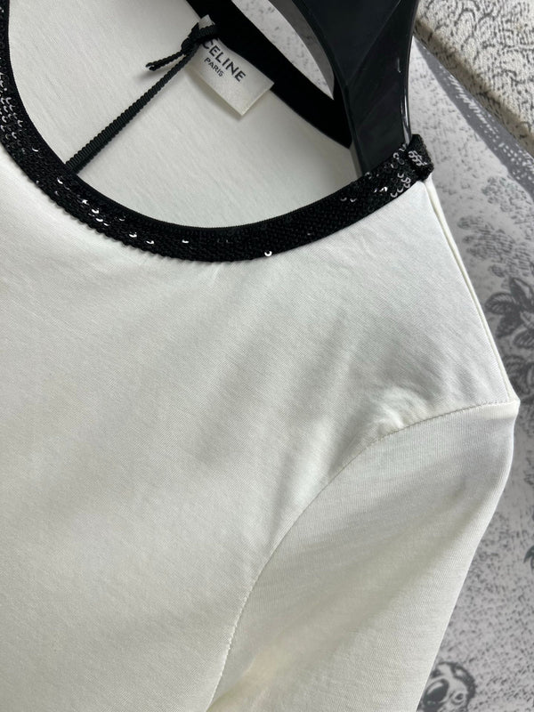 T-shirt con logo ricamato Celine 25, misto cotone e poliestere, colore bianco e nero