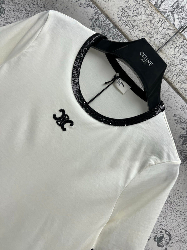 T-shirt con logo ricamato Celine 25, misto cotone e poliestere, colore bianco e nero