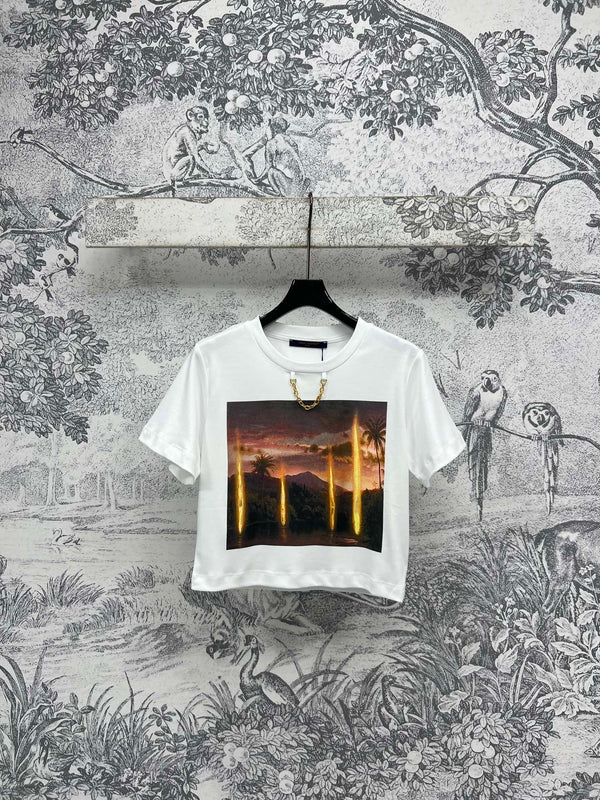 LV 25 Dusk Printed Patch Short-sleeved T-shirt White Cotton