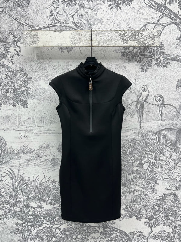 LV 25 Stand-Up Collar Ruffled Edges Dress Black Polyester