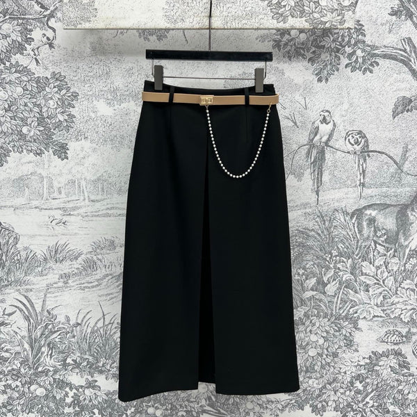 CD 25 A-line Pleated Long Skirt With Belt And Zipper Black Polyester Cotton