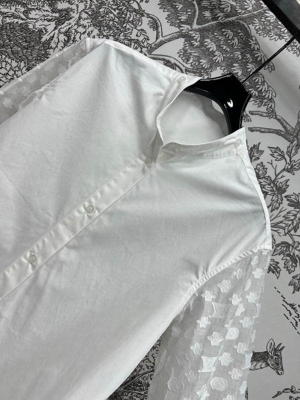 LV 25 Splicing Perspective Jacquard Monogram Sleeve Shirt White Cotton