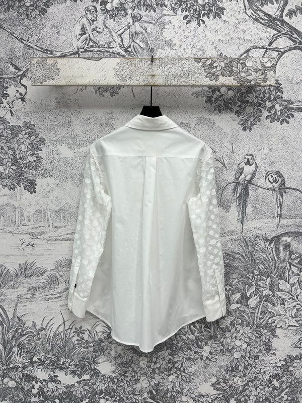 LV 25 Splicing Perspective Jacquard Monogram Sleeve Shirt White Cotton