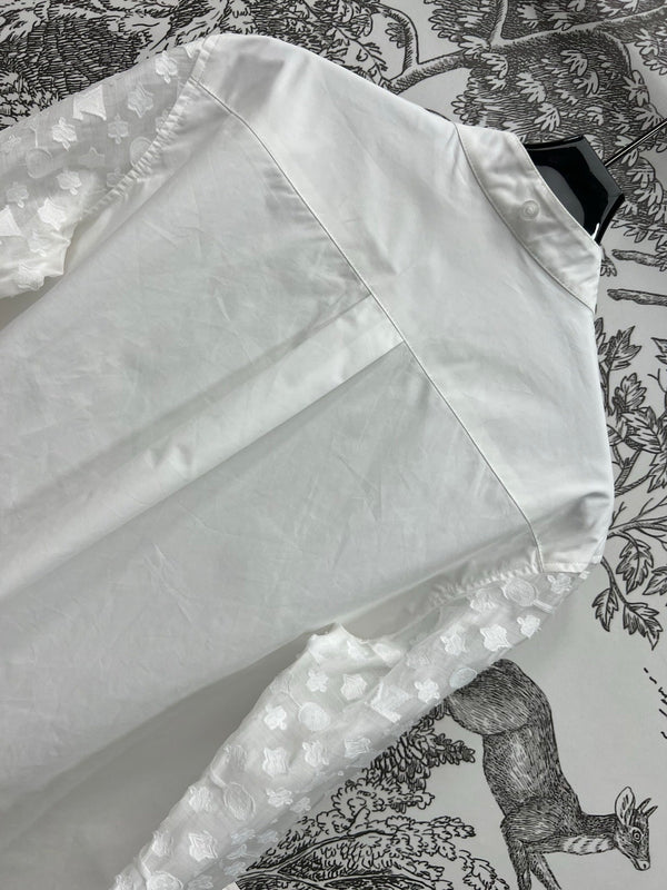 LV 25 Splicing Perspective Jacquard Monogram Sleeve Shirt White Cotton