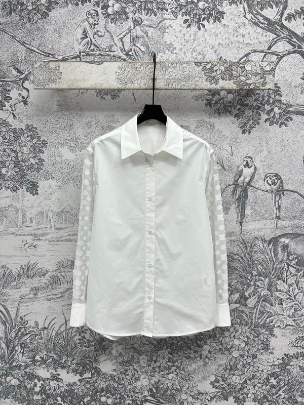 LV 25 Splicing Perspective Jacquard Monogram Sleeve Shirt White Cotton