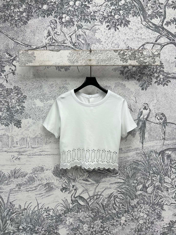 LV 25 Hollow Embroidery Design On The Hem T-Shirt White Cotton
