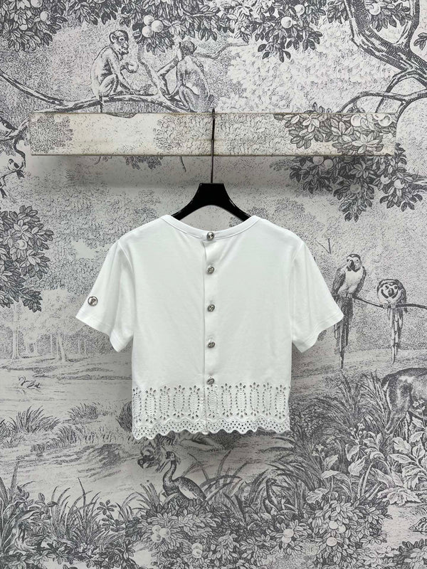 LV 25 Hollow Embroidery Design On The Hem T-Shirt White Cotton