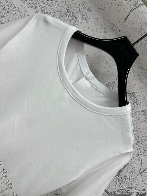 LV 25 Hollow Embroidery Design On The Hem T-Shirt White Cotton
