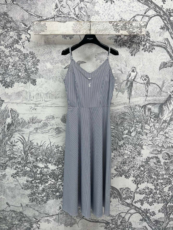 YSL 25 Suspender Striped Dress Blue mix White Cotton