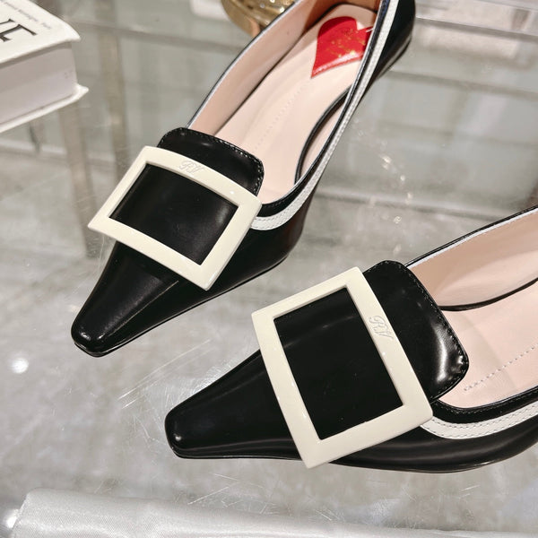 Belle Viv Metal Buckle Pumps 65 Black White Patent Leather