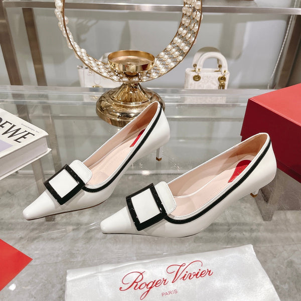 Belle Viv Metal Buckle Pumps 65 White Black Patent Leather