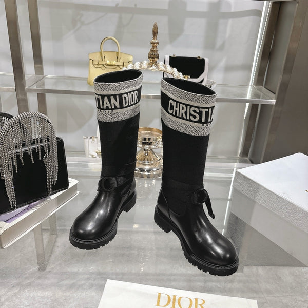 CD D-Major Boot Black Mix White Calfskin And Denim Fabric