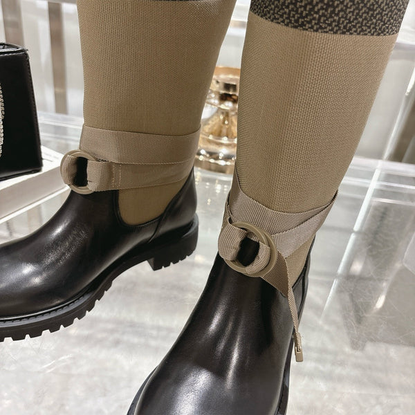 CD D-Major Boot Taupe Mix Black Calfskin And Denim Fabric