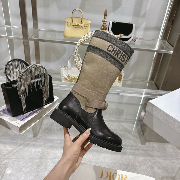 CD D-Major Boot Taupe Mix Black Calfskin And Denim Fabric