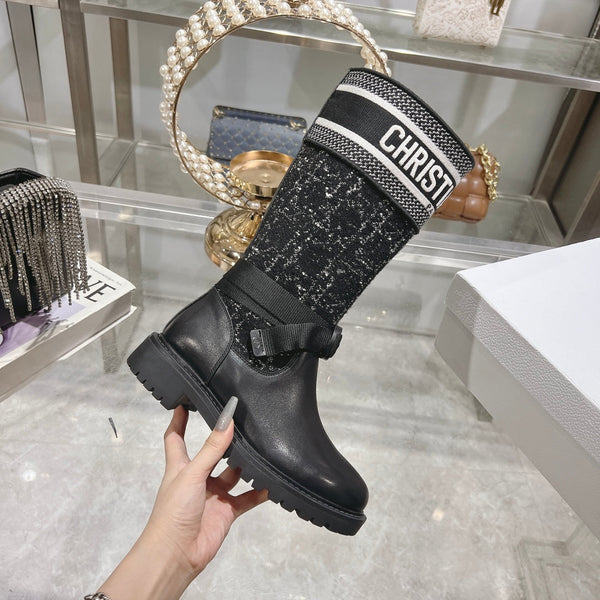 CD D-Major Boot Black Mix White Calfskin And Tweed Fabric