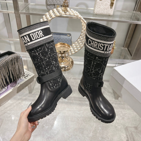 CD D-Major Boot Black Mix White Calfskin And Tweed Fabric