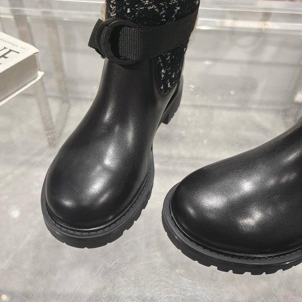 CD D-Major Boot Black Mix White Calfskin And Tweed Fabric
