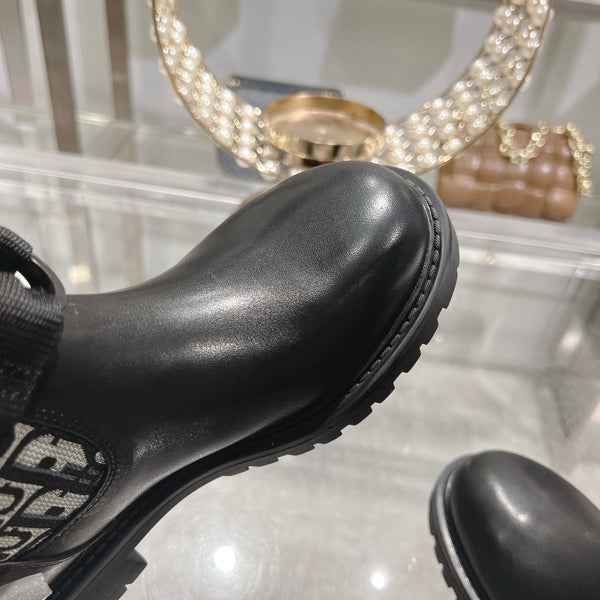 CD D-Major Boot Black Mix White Calfskin And Oblique Jacquard Fabric