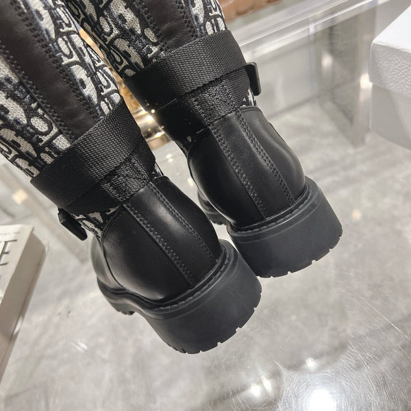 CD D-Major Boot Black Mix White Calfskin And Oblique Jacquard Fabric