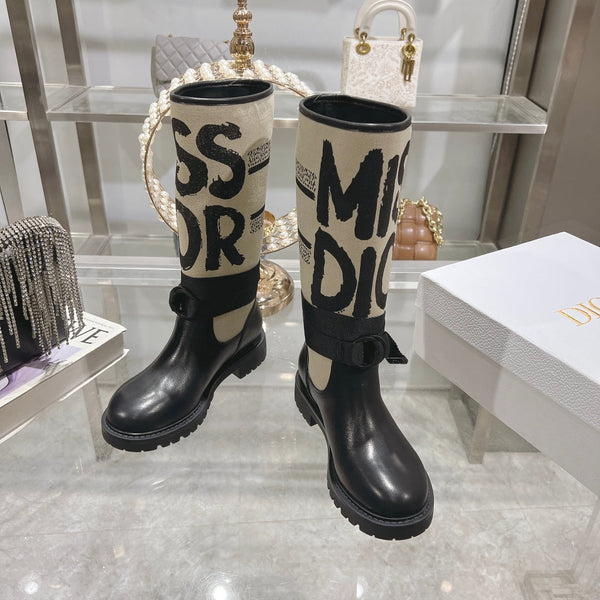 CD D-Major Boot Black Mix Beige Calfskin And Canvas