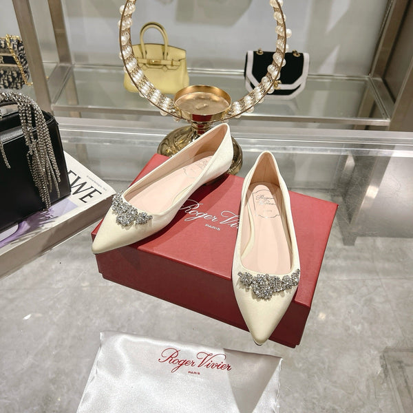 Viv 25 Crystal Diamond Buckle Flats Beige Silk Satin 235393