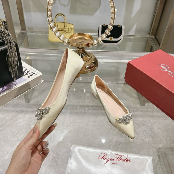 Viv 25 Crystal Diamond Buckle Flats Beige Silk Satin 235393