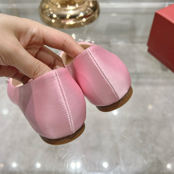 Viv 25 Crystal Diamond Buckle Flats Pink Silk Satin 235395