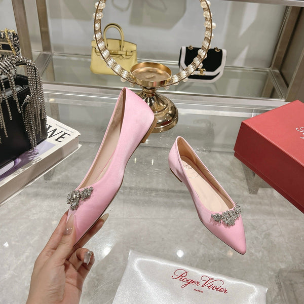 Viv 25 Crystal Diamond Buckle Flats Pink Silk Satin 235395