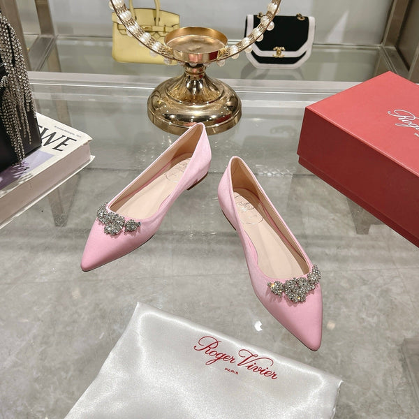 Viv 25 Crystal Diamond Buckle Flats Pink Silk Satin 235395