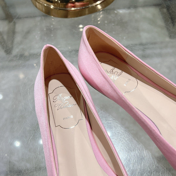 Viv 25 Crystal Diamond Buckle Flats Pink Silk Satin 235395