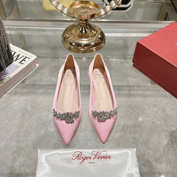 Viv 25 Crystal Diamond Buckle Flats Pink Silk Satin 235395