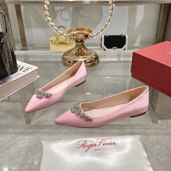 Viv 25 Crystal Diamond Buckle Flats Pink Silk Satin 235395