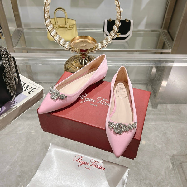 Viv 25 Crystal Diamond Buckle Flats Pink Silk Satin 235395