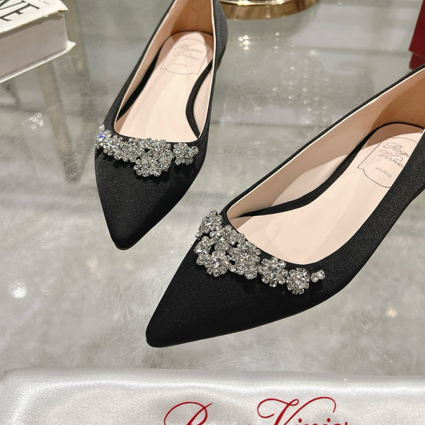 Viv 25 Crystal Diamond Buckle Flats Black Silk Satin 235396