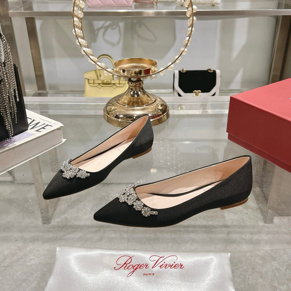 Viv 25 Crystal Diamond Buckle Flats Black Silk Satin 235396
