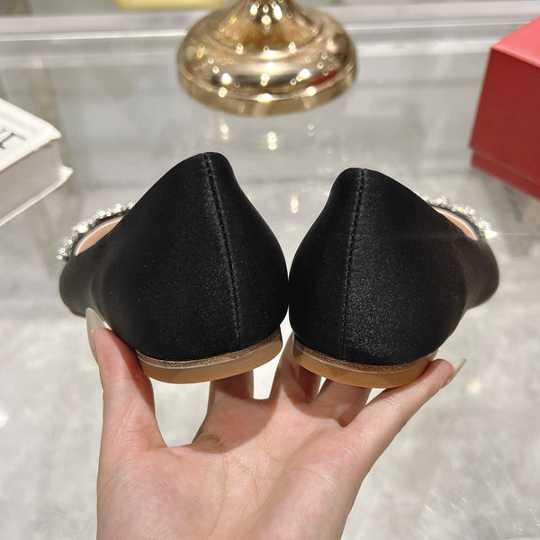 Viv 25 Crystal Diamond Buckle Flats Black Silk Satin 235396