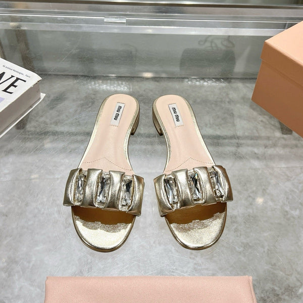 Miu 25C Slippers Gold Leather 235285