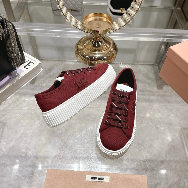 Miu Sneaker with Logo Maroon Red Demin Fabric 235311