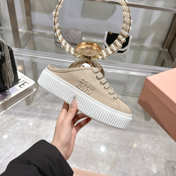 Miu 25C Sneaker Mules Colonial Beige Demin Fabric 235319