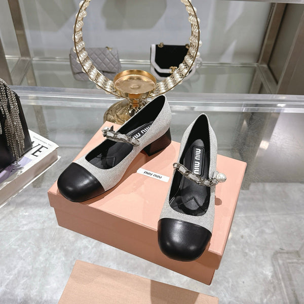 Miu 25C Mary Jane 45MM Beige Gray Mix Black Fabric 235366