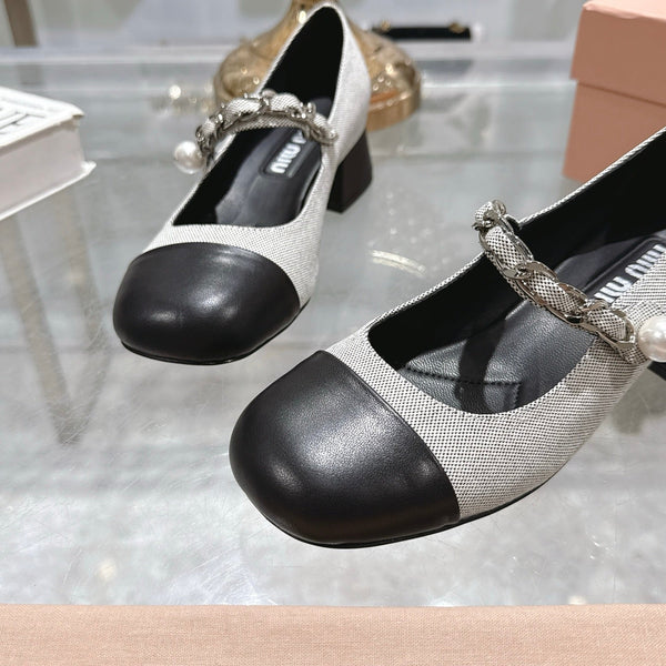 Miu 25C Mary Jane 45MM Beige Gray Mix Black Fabric 235366