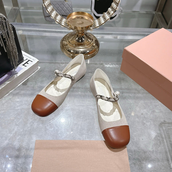 Miu 25C Mary Jane Flat Beige Cream Mix Brown Fabric 235369