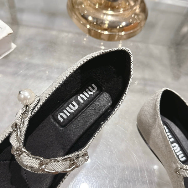 Miu 25C Mary Jane Flat Beige Gray Mix Black Fabric 235370