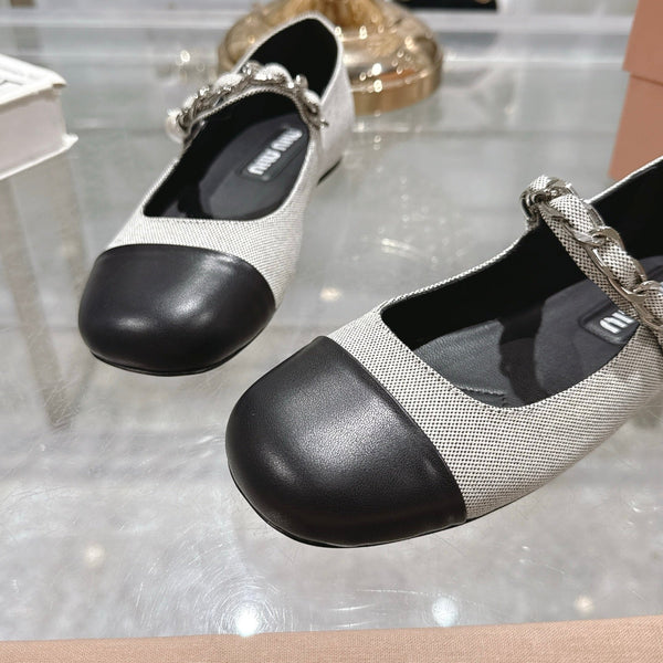 Miu 25C Mary Jane Flat Beige Gray Mix Black Fabric 235370
